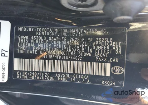 2014 Toyota Camry L из США, поврежденный, VIN 4T1BF1FK6EU844092